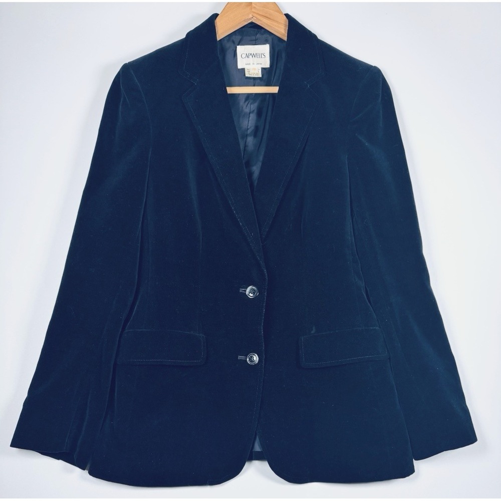 Capwells Black Velvet Blazer Women 12 Black Cotton Lined Made in Japan Classic